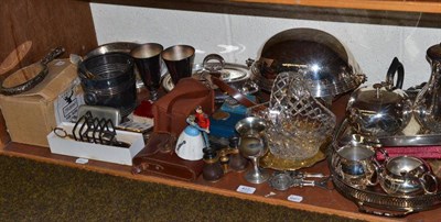 Lot 407 - A shelf and boxes of decorative silver plated items including a warming dish, silver items...