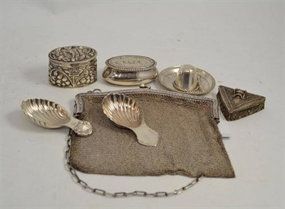 Lot 421 - A silver mesh purse, two caddy spoons, three boxes and a pin dish