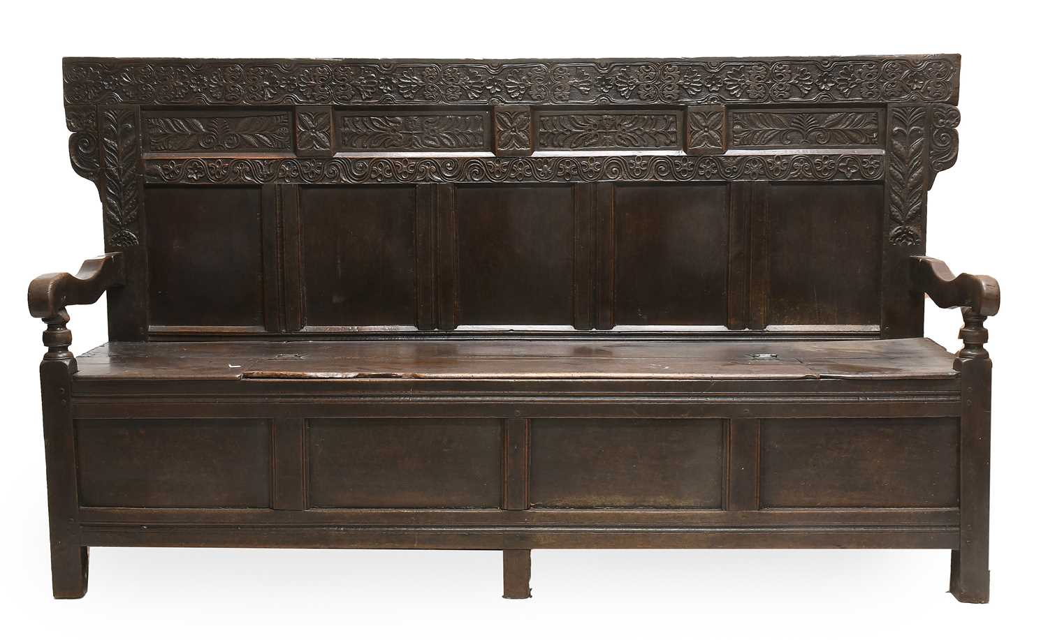 Lot 433 - A Charles II Joined Oak Box Settle, probably...