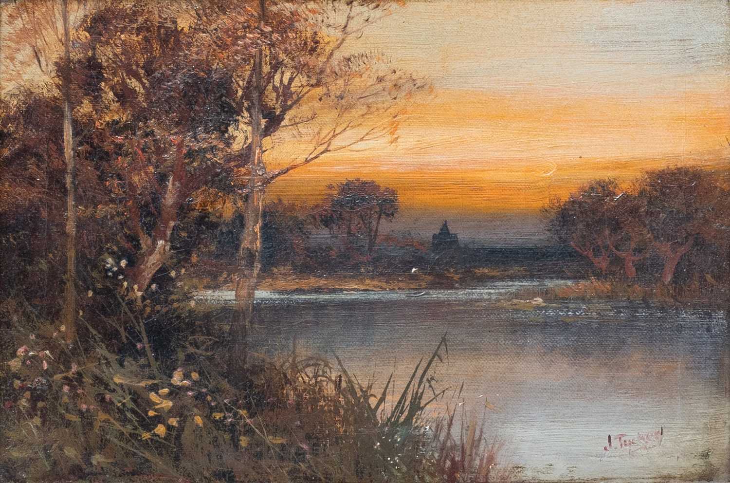 Lot 1044 - J* Tucker (19th century) Lake scene at sunset,...