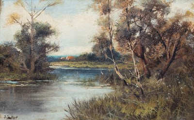 Lot 1044 - J* Tucker (19th century) Lake scene at sunset,...
