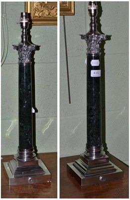 Lot 435 - Pair of silver plated and marble Corinthian column table lamps