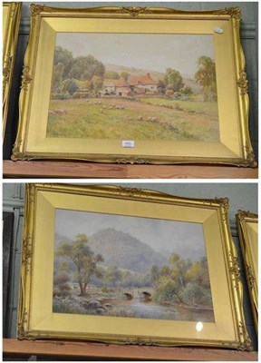 Lot 450 - Watercolour figures on a bridge signed H B Wimbush and watercolour of sheep grazing signed J W...