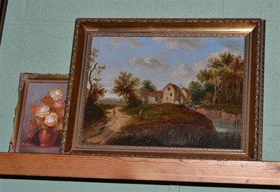 Lot 455 - A 19th century oil on board of a farm building with figures and another oil on board (2)