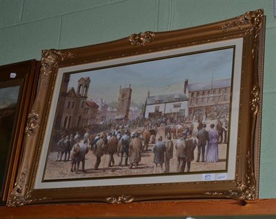 Lot 471 - Watercolour depicting the market place Morpeth with a busy cattle auction by K Cherrington