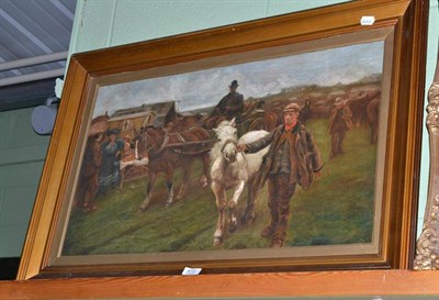 Lot 472 - Irish school gilt framed oil on canvas figures with horses