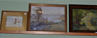 Lot 476 - Watercolour 'Allen Hill', watercolour 'Fishing Boats off Banff' and an oil on canvas of a river...