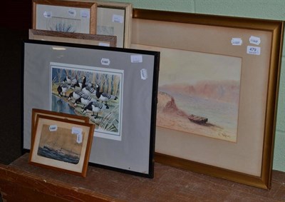 Lot 479 - A watercolour of a seaside hamlet signed A Turner, five other watercolours and a print (7)