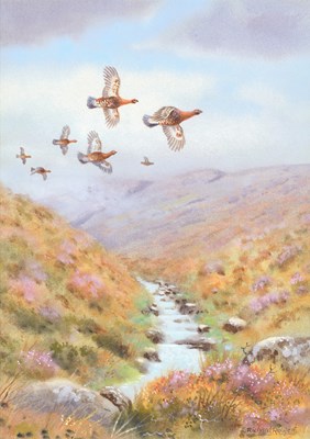 Lot 1046 - Richard Robjent (b.1937) "Grouse over a Burn"...