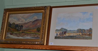 Lot 483 - J.M.Currie, oil highland landscape and a watercolour by James Gilmour, harvesting scene (2)