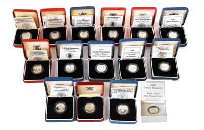 Lot 468 - 15x Royal Mint Silver Proof One Pound Coins, 5...