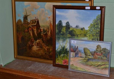 Lot 488 - Dutch style gilt framed oil on canvas seascape, watercolour landscape of Redmire signed E...