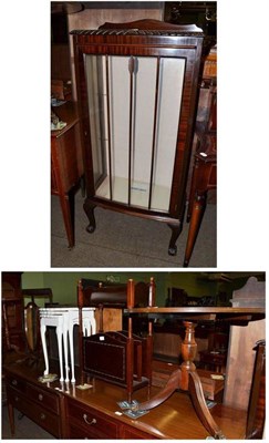 Lot 526 - Mahogany china cabinet, reproduction mahogany tripod table, combination book trough and...