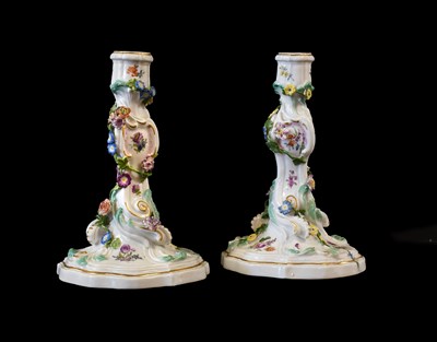 Lot 340 - A Pair of Meissen Porcelain Candlesticks, late...