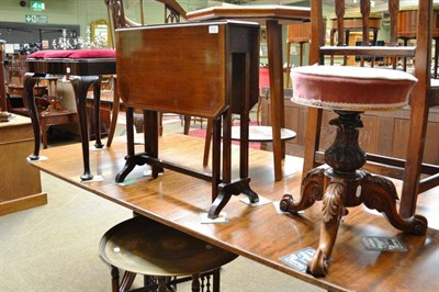 Lot 613 - A Victorian carved rosewood piano stool, a mahogany Sutherland table, a reproduction mahogany stool