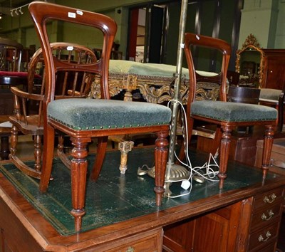 Lot 622 - Victorian brass standard lamp and shade and a pair of Victorian chairs