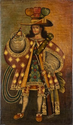 Lot 343 - Style of Cuzco School "Noble with Bird" Mixed...