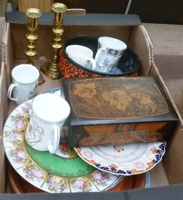 Lot 706 - Continental stoneware crock, copper, brass ware, poker ware, parasol box, Vienna style plate,...