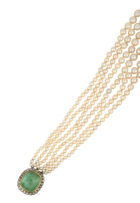 Lot 2127 - A Six Strand Pearl Necklace, with An Emerald...