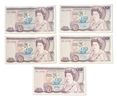 Lot 502 - 5x Bank of England, Twenty Pound Notes,...