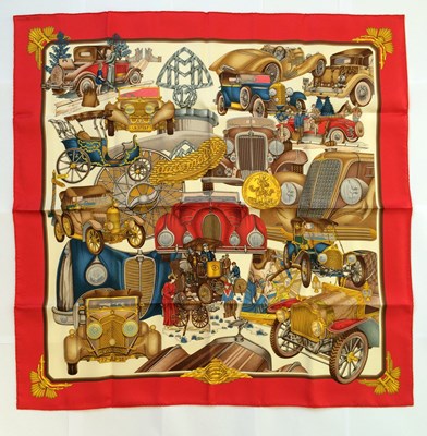Lot Hermès Silk Scarf, Automobiles depicting early...