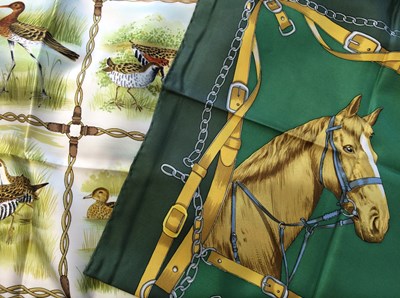 Lot 1135 - Gucci Silk Scarf, game birds within a brown...