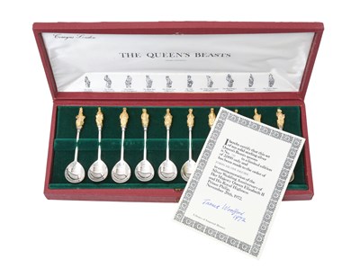 Lot 2237 - A Cased Set of Ten Elizabeth II Limited Edition Parcel-Gilt Silver 'Queen's Beast' Spoons