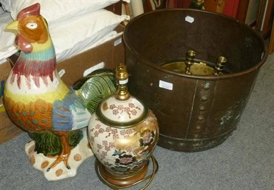 Lot 797 - Modern cockerel, lamp, teaset, tureen, plates, log bin, pair of brass candlesticks, Wicker...