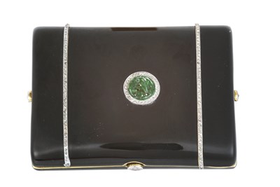 Lot 2173 - A Gold-Mounted Diamond and Jadeite-Set Enamel Combination Miniaudiere Cigarette-Case