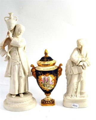 Lot 33 - A Coalport commemorative vase and cover, no.200/200; and two Parian figures