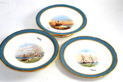 Lot 34 - Pair of Minton comports and a matching dessert plate, painted with shipping scenes