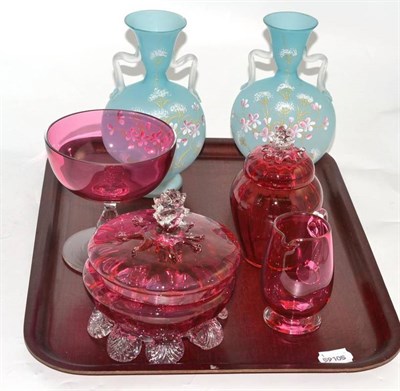 Lot 37 - Pair of blue glass vases and four pieces of cranberry glass