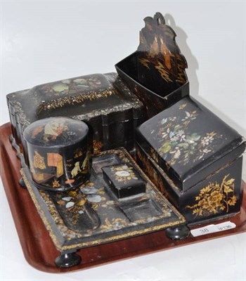 Lot 38 - Victorian papier mache inkstand; three boxes; and a rack