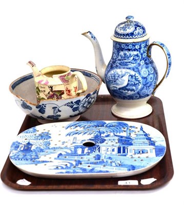 Lot 41 - A creamware 'Cybele' teapot (a.f.), a 19th century blue and white drainer, a 19th century blue...