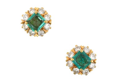 Lot 2397 - A Pair of Emerald and Diamond Cluster Earrings...