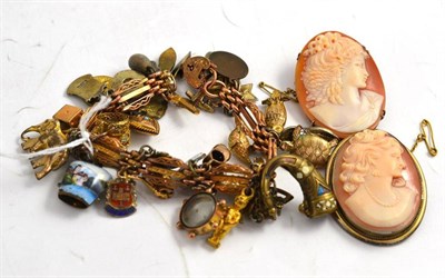 Lot 54 - A charm bracelet and two cameo brooches