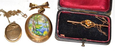 Lot 62 - Gold locket, bar brooch and an open pendant