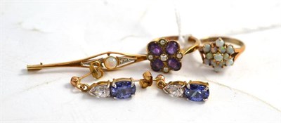 Lot 70 - An opal and diamond bar brooch, an amethyst and seed pearl ring, an opal ring and a pair of 9ct...