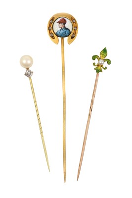 Lot 2406 - Three Stick Pins comprising of an enamel and...