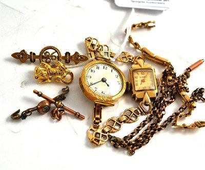 Lot 84 - Two 9ct gold lady's wristwatches, three bar brooches, chain stamped 9ct and a T-bar