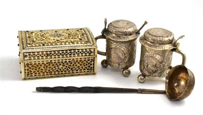 Lot 86 - A pair of Swedish silver condiments; a vizagapatam box and a ladle