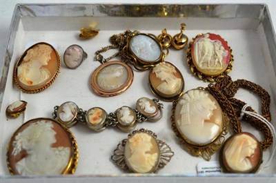 Lot 87 - A collection of shell cameo jewellery comprising six brooches, a bracelet, a ring, two pairs of ear