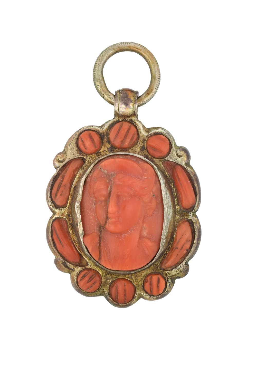 Lot 2081 - An Italian Gilt-Metal Mounted and Coral-Set Pendant