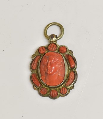 Lot 2081 - An Italian Gilt-Metal Mounted and Coral-Set Pendant