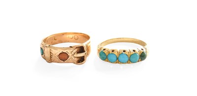 Lot 290 - A Turquoise Five Stone Ring, finger size Q;...