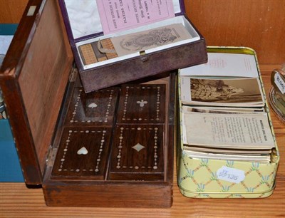 Lot 116 - Indian rosewood card box with four small boxes, a Bezique game and a quantity of cartes de visites