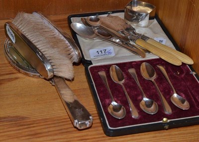 Lot 117 - Silver spoons, silver napkin ring, silver backed brushes, hand held mirror and two silver...