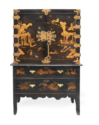Lot 445 - An English Black and Gilt Japanned Cabinet,...