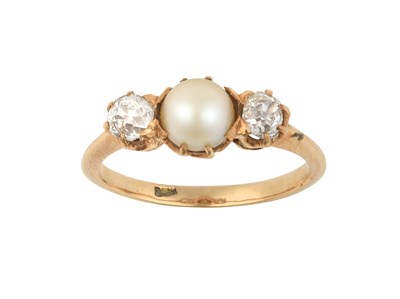 Lot 2295 - A Pearl and Diamond Three Stone Ring the pearl...