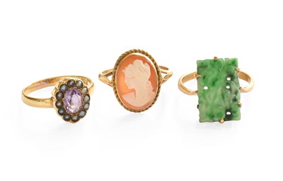 Lot 256 - A 9 Carat Gold Cameo Ring, finger size N; An...